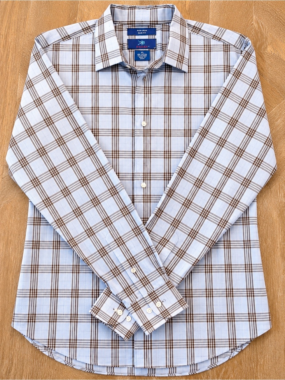Egara Non-Iron Slim Fit Plaid Dress Shirt XL Blue Brown Stretch Cotton